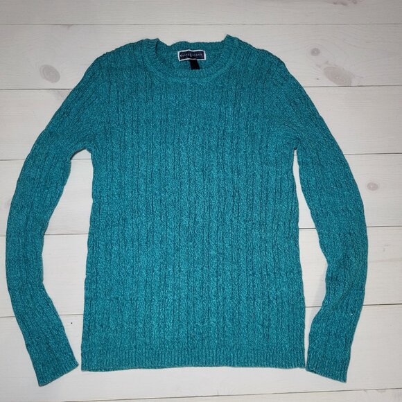 Karen Scott Cable Knit Cozy Cotton Sweater Teal Blue Coastal Christmas Preppy - Picture 1 of 5
